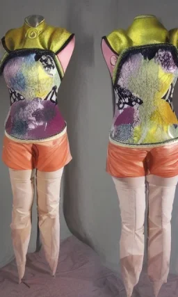 Asa akira as model. Camouflage colors are terracotta, cream and purple, lilac and Cream latex, imperial yellow, red plum. European daft punk woman. Mantle is sewed of recycled Denim and sewed together of recycled polymer felt. lace, Yellow(Munsell) areas. hint of orange as effect color!!Big bright purple/khaki felt tippet and cream or blue or lilac colored-hood. mantle is merged with satchel. . AKG-style headphones (gold rings!) is merged with small felt cap, cyan small visor.