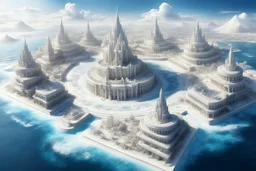 Wide fantasy city scape made of shimmering silver and white marble. A massive library at the center of the city. 5 halls point out from the central library. The city is located on an island surrounded by blue ocean.