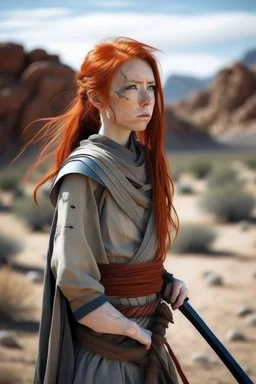 Girl samurai redhead in a desert valley