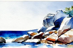 Sunny blue sky, mountains, rocks, winslow homer watercolor paintings