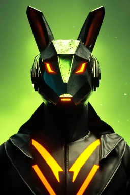 Medium Close Up Portrait, Front image. cyberpunk, rabbit mask helmet, strong man, titanium hair. Latex suit. Red, yellow, color. Rocketer style. Color background, photo studio. Avatar image, highly detailed, concept art, smooth, unreal engine 5, ray tracing, RTX, lumen lighting, ultra detail, volumetric lighting, 3d, finely drawn, high definition, high resolution.