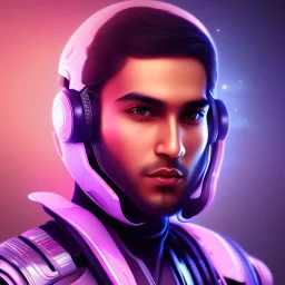 Cute indian boy face , Sci-fi character, orange backlight, pink and purple, scifi suit, profile, purple background, pink lighting