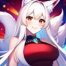 Clear focus, 8k, high quality, detailed, beautiful lighting, fox girl, vibrant colors, white long hair, vibrant red eyes, smile,