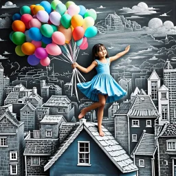 A girl in a blue dress standing tippy toe on the roof of building in chalk-drawn cityscape on a black board, holding a bunch of colorful primary colored balloons.She is standing on the roof of one of the houses, She appears carefree, soaring amidst the whimsical, artistic backdrop of houses.