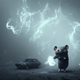 All Black Feild mouse, white smoke, dark, high definition, ultra 8 k, volumetric lighting, blue fire, fog