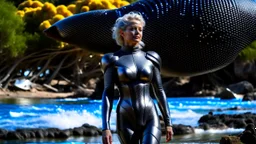 Middle-aged woman with blond hair in a robotic silver catsuit, standing on the right of a partially submerged sleek spaceship, on an alien beach, with alien trees