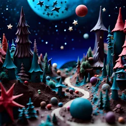 Detailed creepy landscape made of modeling clay, village, stars and planets, Roger Dean, naïve, Tim Burton, strong texture, Ernst Haekel, extreme detail, Max Ernst, decal, rich moody colors, sparkles, Yves Tanguy, bokeh, odd