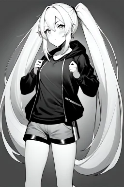 blonde girl with ponytails dressed in a jacket and shorts makes its way in the dark, greyscale