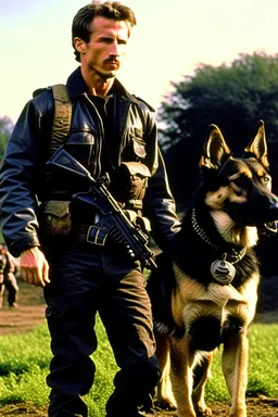 John Connor from the movie Terminator with a German Shepherd on a leash.