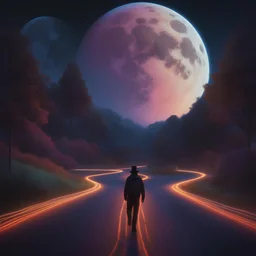 A black lightpainting ofA luminescent Road to the Moon!!!! With a Lonely Man, an intricate folk art Neon glow, UV light. fantasy,colorful8k resolution concept art, Greg Rutkowski,SIXMOREVODKA, pastel color, Nighttime Lighting, digital illustration, 4K, Hyperdetailed, Intricate Details, 3D shading, Art of Illusion