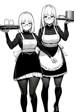 waitress carries tray with glasses in a cafe bar, line arts, greyscale