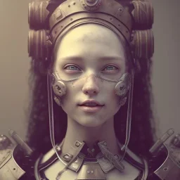 a cute smiling girl in medieval armor with a tattoo in her face, michelangelo style, steam punk, scary, horror, realistic, made in octane, cinematic, ultra-realistic, extremely detailed octane rendering, 8K, VRAY Super Real ar 2:3, dof photorealistic futuristic 50mm lens hard lighting dark gray tintype photograph, realistic lighting, sephia colors