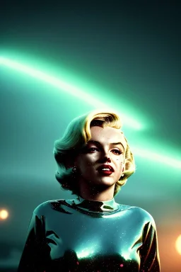 Ultra Realistic retro sci-fi image, portrait, blonde woman, sweet young Marilyn Monroe face, perfect iris, tight latex coat, Strange planet background, Retro sci-fi style helmet, fog, rain, soft color, highly detailed, unreal engine 5, ray tracing, RTX, lumen lighting, ultra detail, volumetric lighting, 3d, finely drawn, high definition, high resolution.