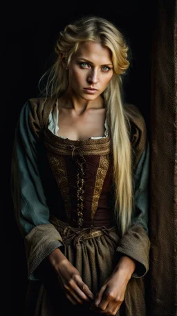 portrait of a poor young female peasant with blonde hair, Heterochromic eyes, Dark fantasy