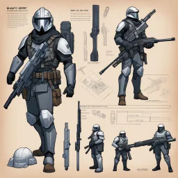 ConceptSheet blueprint [illustration for Osprey Publishing’s by Angus McBride] Bounty Unit Loadout Concept: helmet, armour, and weapons with their blueprint: assault rifle, sniper long rifle, pistol, and all the package of a hunter