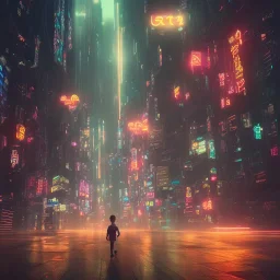 one children lost in big city empty cyberpunk, night, neon,