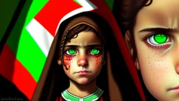 A girl wearing a Palestinian dress with tears in her eyes Her eye color is green Its color is brown Carrying the Palestinian flag