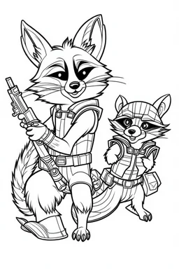 an image grooth and rocket racoon with guns. kids coloring book. no color. thin crisp lines