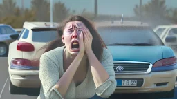 woman drives away from hotel in parking lot crying