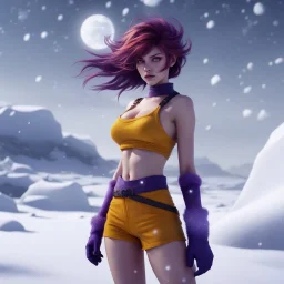 The icy winds of Callisto whipped through the barren landscape, swirling snowflakes dancing in the air like frozen memories. Faye Valentine stood amidst the frozen tundra, her signature yellow crop top and deep purple shorts contrasting vividly against the stark white backdrop. Her sleek, auburn hair cascaded down her back, a fiery mane in the midst of an icy expanse. With a cigarette dangling lazily from her lips, Faye's sharp gaze scanned the horizon, her violet eyes reflecting the cold beauty