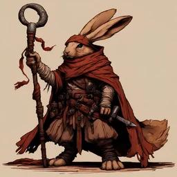 harengon-desert rabbit humanoid,rugged desert artificer-rune carver, eyepatch-bandage, staff with metal end, red-brown cloak, thematic tone wash, characteristic comic style