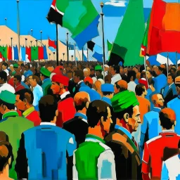 Abstract painting people watching Libyan flags