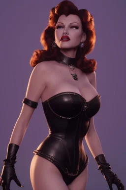 Rita Hayworth as evil queen in black leather, busty, cleavage, curvy, angry, stern look. character design by cory loftis, fenghua zhong, ryohei hase, ismail inceoglu and ruan jia. unreal engine 5, artistic lighting, highly detailed, photorealistic, fantasy