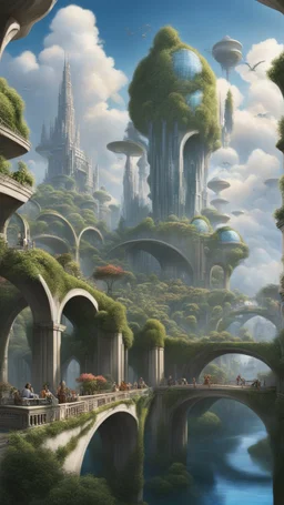 A futuristic alien city, with balconies, verandas, many arches, bridges, spires, paths, trees, dense foliage, Spanish moss, ivy, river, blue sky, white clouds.industry revolution new age, new-age theme, hyper realistic city with galaxy sky .beautiful Goddess of Healing and Well-being