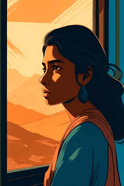 Vector. Illustration. young indian girl. looking out the window thinking. contemplate. 1980s. Minimal. 2D animated. Digital painting, Ol. high resolution.