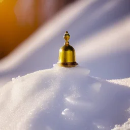 long shot of exquisite tiny gold bell buried in snow, warm colors, soft lighting, snowdrift, long shot, soft focus, extreme wide shot, aerial shot