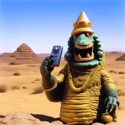 Godzilla as a pharaoh muppet kawaii calling phone using a cellphone nokia, desert egypt studio pharaoh photo. Magazine 1980