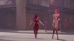 shoulder-length red-haired woman walking along a street full of shops, with a translucent woman following her