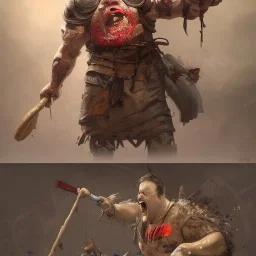 Insanely detailed photograph of an “portrait of a Giant Downsyndrome D&D barbarian holding a frying pan wearing a red loincloth laughing”, smiling clear face and hyperdetailed painting by Ismail Inceoglu Huang Guangjian and Dan Witz CGSociety ZBrush Central fantasy art album cover art,8K, hdr, epic, mysterious, ominous, hands focused on a glowing D20, jewelry, motivated