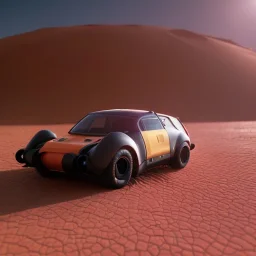 3d rendering. futuristic black yellow red car. Buried in desert sand. Lost in Time, cinematic lighting