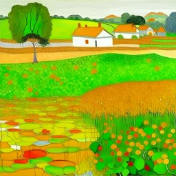 Orange Lily Pond Next to a Farmland panted by Gustav Klimt