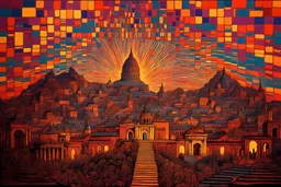 colorful psychedelic painting ancient city of blinding lights in ancient mosaic art by andy warhol