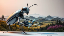 7428. Robot insect drawing a picture, holding six gel-pens in its six hands, drawing a beautiful landscape using four pens, one pen in each hand. The picture is almost finished. Artistic, beautiful lighting, attractive composition, photorealistic, extremely detailed, chiaroscuro, rule of thirds