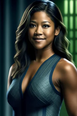 Gina Rodriguez fully transformed into an reptilian female, Keywords: Reptilian alien, radiant scales, multiple evenly spaced breasts. Measurements: Four sets of breasts - 38 inches each, Waist - 26 inches, Hips - 40 inches. Limbs: Four graceful arms, embodying cosmic power. Gina's otherworldly essence captured with enhanced curves, an alluring blend of reptilian beauty, transcending Earthly limitations.