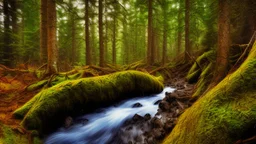 stream running through a rocky clearing in a pine forest