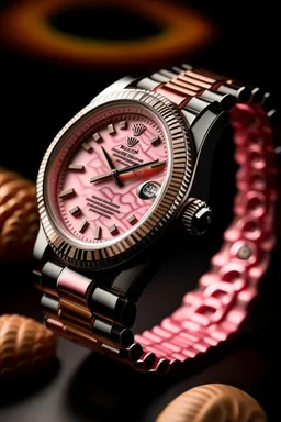 "Imagine examining the intricate detailing on a pink Rolex watch. The delicate hands sweeping across the pink mother-of-pearl dial, each second marked with precision, encapsulates the essence of craftsmanship."