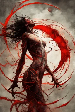 A dramatic digital painting portraying a figure under the Red Moon, veins pulsing, claws of temptation visible, soul in turmoil. In the style of Giger and Salvador Dali and Van Gogh, vivid colors, swirling brushstrokes, highly detailed, 8k resolution, surrealistic., by Ryohei Hase, Agnes Cecile, Raymond Swanland, Anne Bachelie