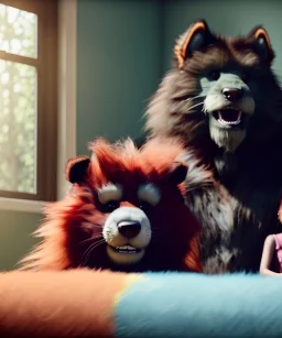 Realistic bedroom scene. big furry monster sitting next to girl from behind. Wes Anderson style. Red hair, smile, happy, gradient color fog. highly detailed, concept art, unreal engine 5, ray tracing, RTX, lumen lighting, ultra detail, volumetric lighting, 3d, finely drawn, high definition, high resolution.