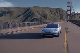 A Tesla 'Model Y' is drifting at high speeds, on the 'Golden Gate' bridge. (CINEMATIC, WIDE ANGLE LENS, PHOTO REAL)