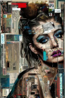 Ultra detailed medium portrait painting of a half naked woman sitting on a chair, no nudity, bended over, dark room with little light coming from an open door behind her, torn up collage of clippings, broken circuitry background, matrix effects, punk visual art, punk art aesthetic, graffiti art, pop surrealism, collage art, cluttered paint glitches