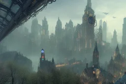 Bruge+billboards+Gothic city+ BioShock+Dishonored+Bloodborne +trieste+Edinburgh+Chicago+victorian London+decòpunk Skyscraper+ +steampunk+biopunk+alphonse mucha, greg rutkowski, matte painting, cryengine, hyper detailed, felix kelly, fantasy art, seb mckinnon