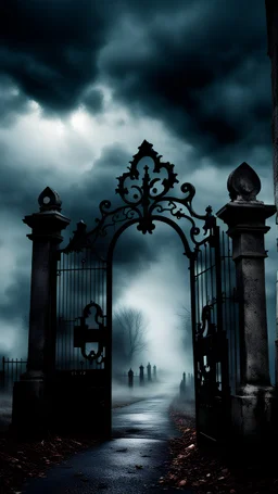 Scary haunted cemetery gates, black clouds, scary fog, horror film style