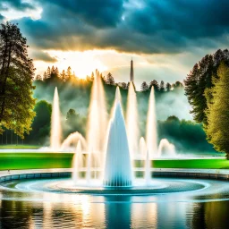 camera captures full scene of where 12 fountains in a small sea shoot water jets in sky and splashes of water ,in country side,pretty cloudy sky ,moving clouds and godrayes .