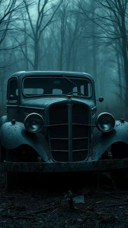 ,surrealism of the dark of a nightmare , hyper photorealistic, hyper detailed bright art color, high resolution, fog, octane render, tilt shift, HDRI Environment, all pictures dark gray, an old abandoned car from 1900