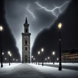 A very dark square in Florence in a stormy night. Snow is covering the pavement. A cathedral in the background. A black cat sitting under a streetlight. Unreal Engine. HDR. 8K.