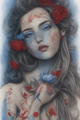 blue Pencil drawing of a woman with red lips and flower in hair on watercolor paper